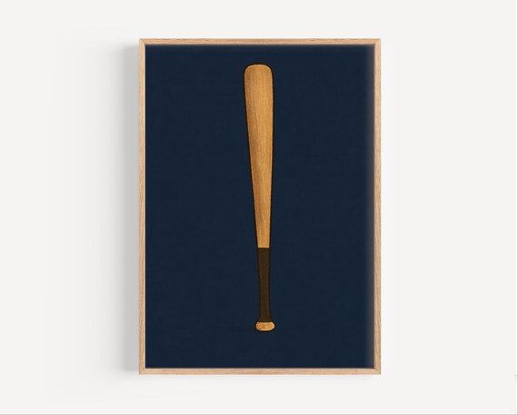 Minimalist Wooden Baseball Bat Navy Blue Boys Room Sport Poster