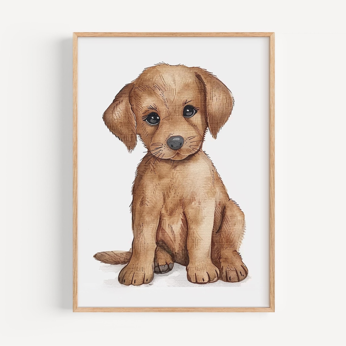 Adorable Big-Eyed Brown Puppy Watercolor Illustration Nursery Poster