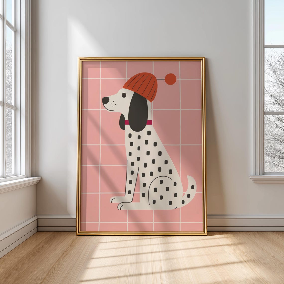 Cute Spotted Puppy Orange Knit Hat Pink Grid Kids Room Poster