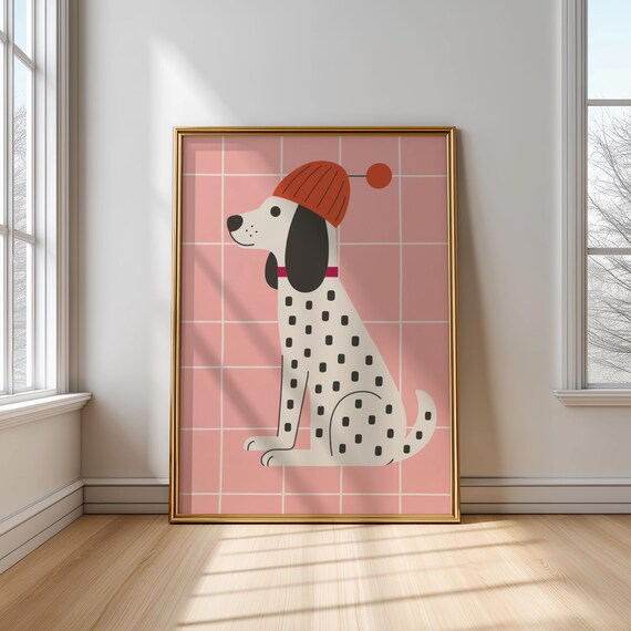 Cute Spotted Puppy Orange Knit Hat Pink Grid Kids Room Poster