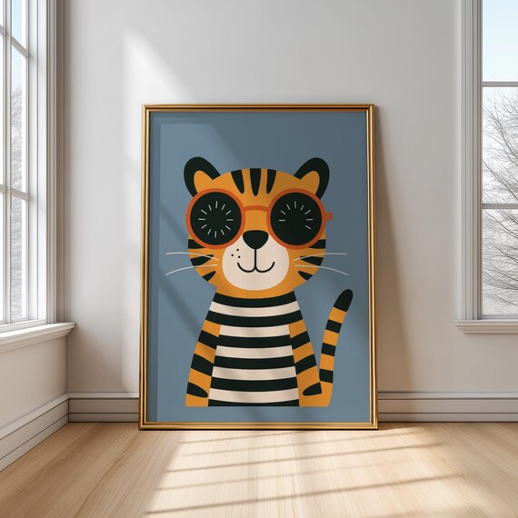 Tiger With Sunglasses Poster Cool Animal Wall Art Fun Kids Room Print Quirky Nursery Decor Playful Jungle Artwork