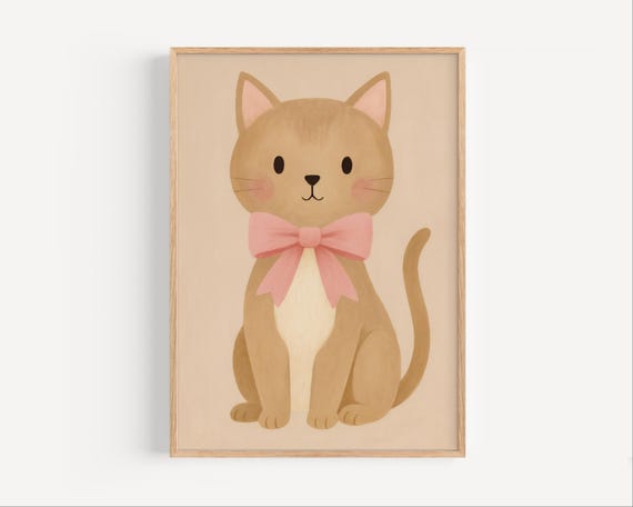 Cute Cat Nursery Print Kitten Wall Art For Kids Baby Girl Room Decor Animal Poster Pink Bow
