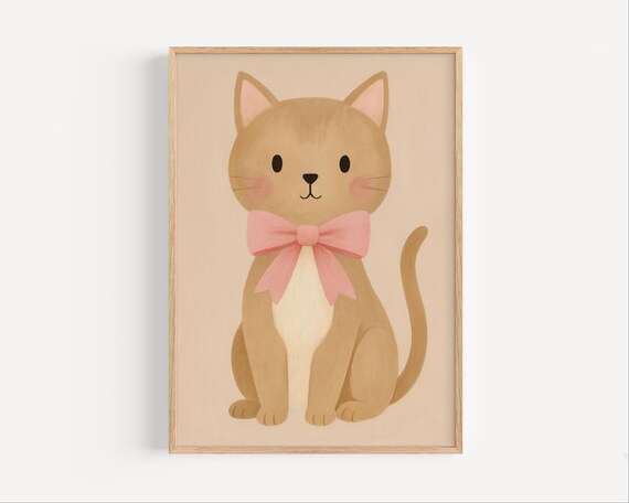 Cute Kitten Poster with Pink Bow Beige Nursery Baby Girl Room Art