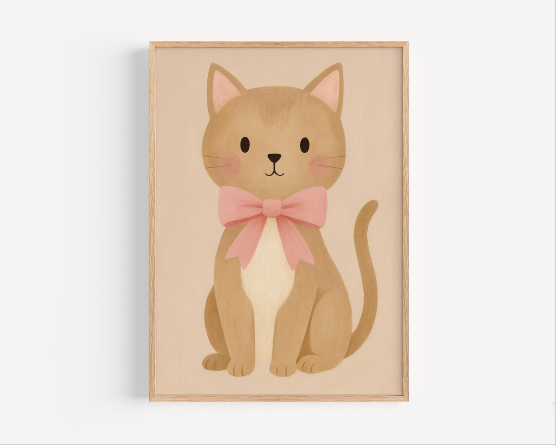 Cute Kitten Poster with Pink Bow Beige Nursery Baby Girl Room Art