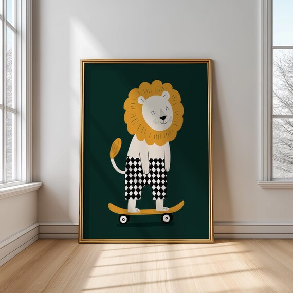 Playful Lion On Skateboard In Checkered Shorts Nursery Poster
