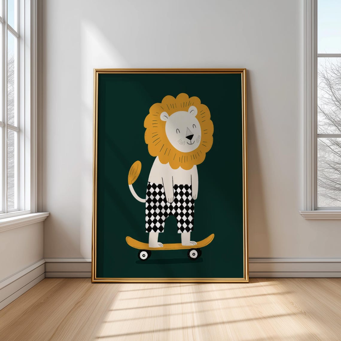Playful Lion On Skateboard In Checkered Shorts Nursery Poster
