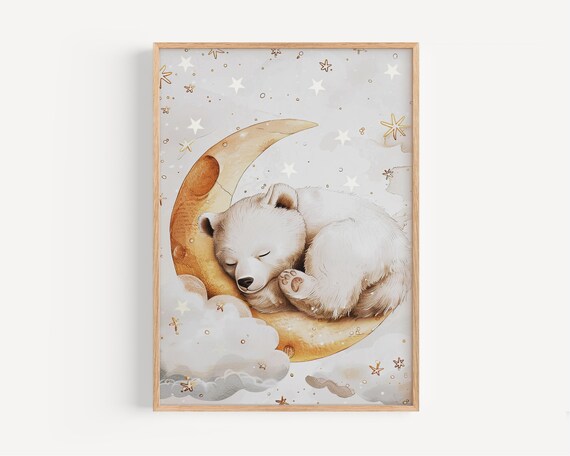 Sleeping Polar Bear Cub On Crescent Moon Nursery Dream Night Poster