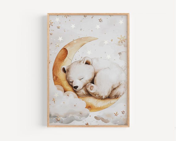 White Bear Sleeping On Crescent Moon Dreamy Nursery Wall Art Baby Animal Print Calming Kids Room Decor Starry Poster