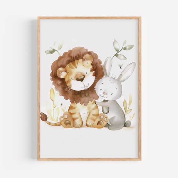 Adorable Lion And Bunny Friendship Poster Pastel Kids Room Wall Art Decor Nursery Illustration Print