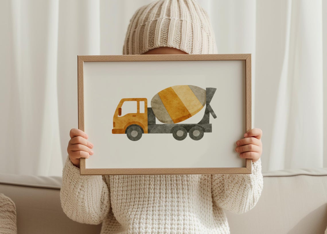Watercolor Concrete Mixer Truck Poster For Toddler Boys Room