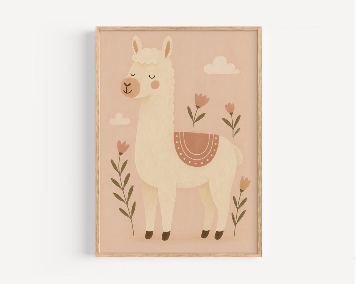 Boho Llama Nursery Pastel Floral Animal Decor For Baby Room Poster
