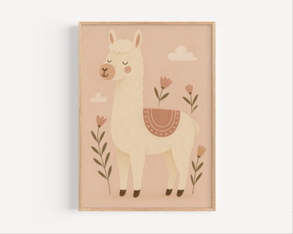 Boho Llama Nursery Print Baby Room Wall Art Cute Animal Poster Neutral Kids Decor Pastel