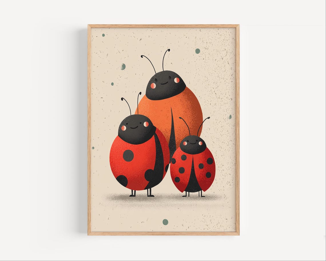 Adorable Smiling Ladybug Family Trio Cheerful Nursery Room Poster