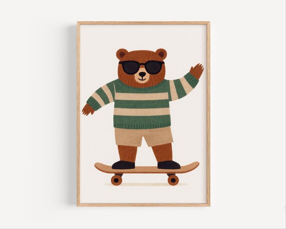 Skateboarding Bear Nursery Wall Art Playroom Poster Gender Neutral Animal Print Toddler Room Decor Kids Artwork