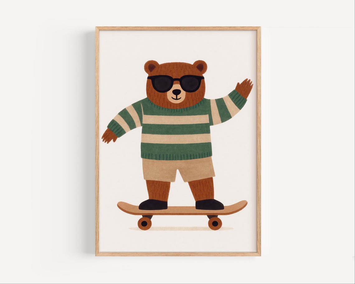 Cool Sunglasses Bear on Skateboard Striped Sweater Kids Poster