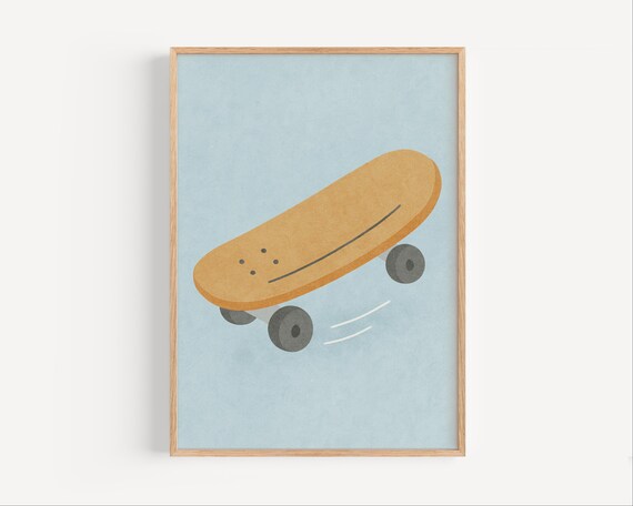Skateboard Poster For Kids Minimalist Nursery Wall Art In Blue And Tan Cool Boys Room Decor