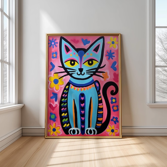 Blue Folk Art Cat With Colorful Flowers On Pink Background Poster
