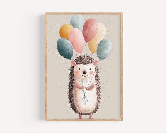 Hedgehog Nursery Wall Art Animal Poster With Balloons Artwork Baby Room Decor Instant