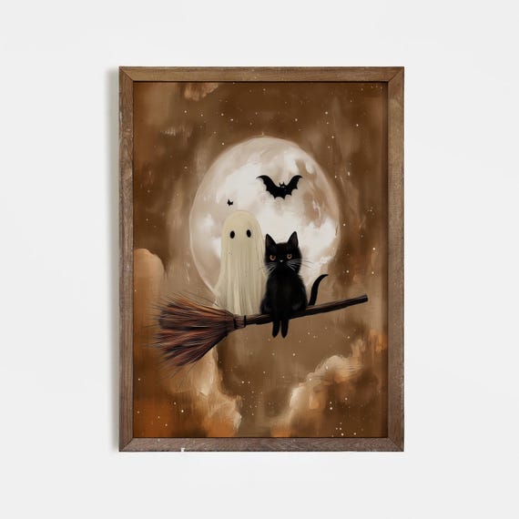 Cute And Black Cat Halloween Print Full Moon Wall Art Witch Broom Spooky Poster Magical Haunted Decor Gothic