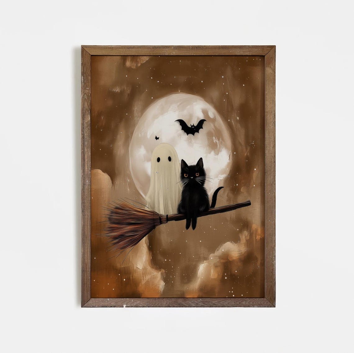 Ghost And Black Cat On Broomstick Full Moon Halloween Art Poster