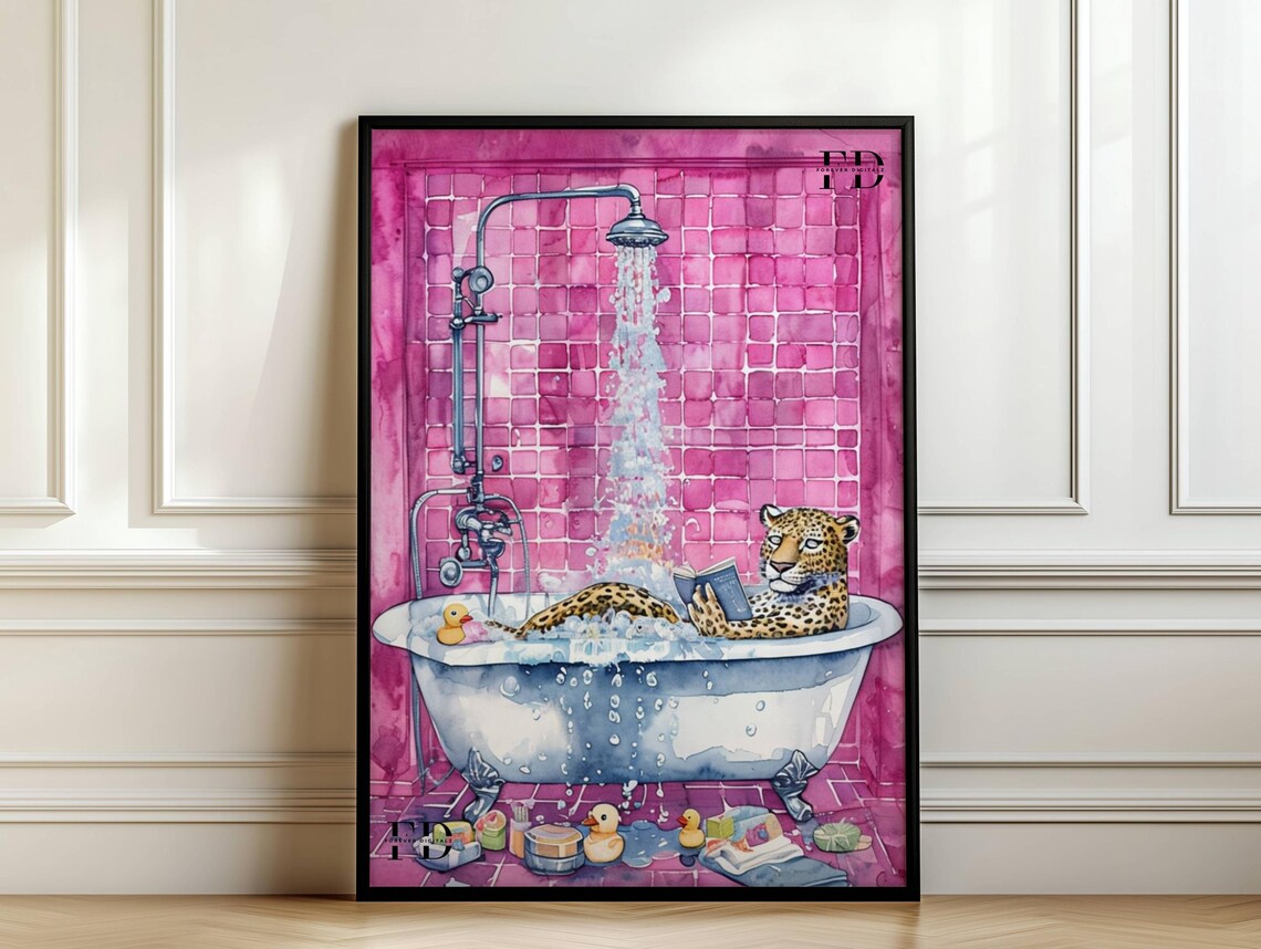 Leopard Bubble Bath Reading Book Funny Bathroom Decor Poster