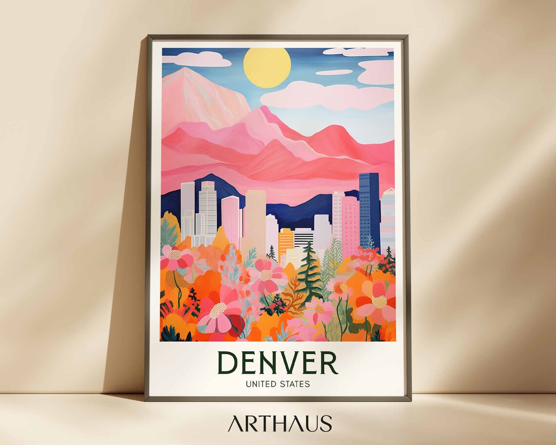 Denver Colorado Skyline Pink Mountains and Wildflowers Travel Poster