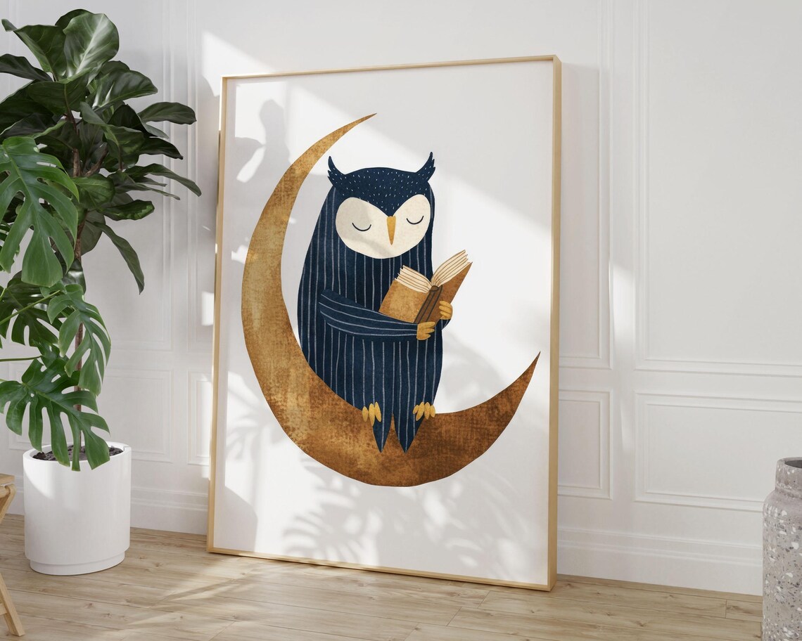Navy Owl Reading Book on Golden Moon Night Sky Nursery Wall Art - Image 2