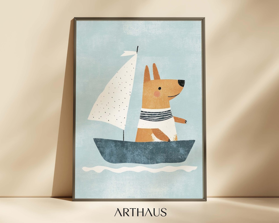 Nursery Sailing Dog Wall Art of Cute Puppy on Sailboat Kids Room Decor