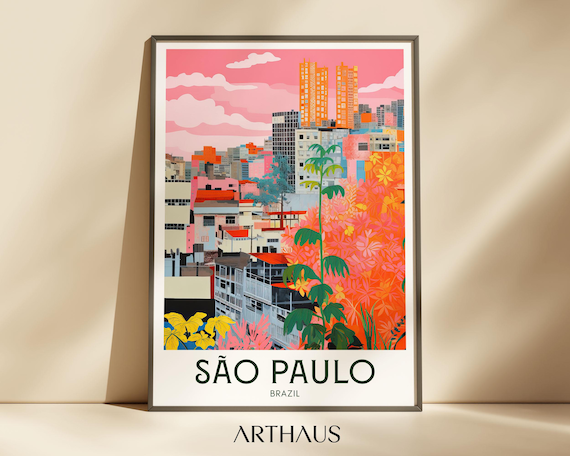 Sao Paulo Brazil Colorful Skyline Tropical Flower Travel Poster