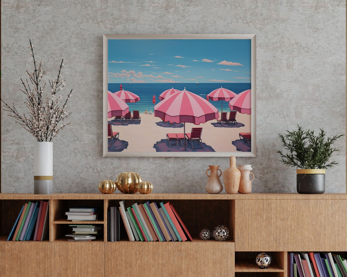 Pink Striped Beach Umbrellas Coastal Art Print Retro Seaside Decor - Image 3