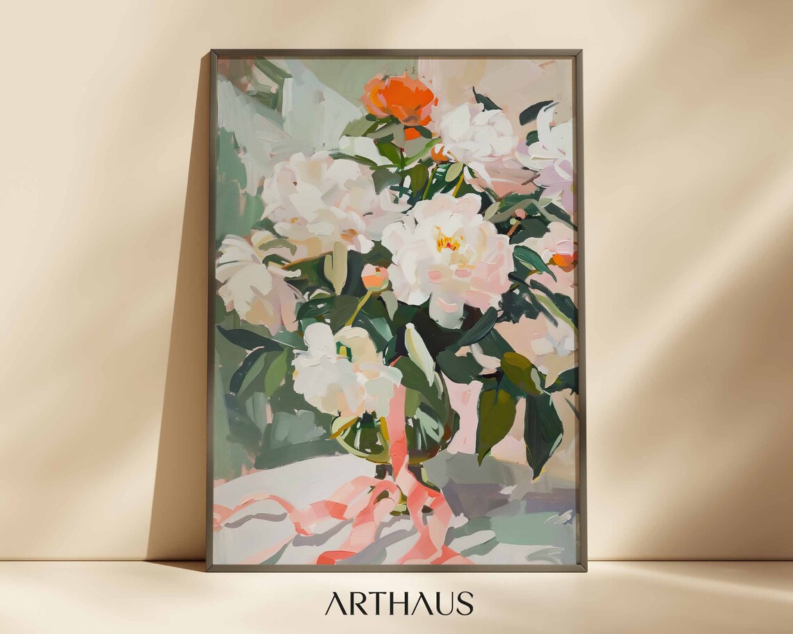 Pink Peony Bouquet in Vase Impressionist Floral Still Life Poster