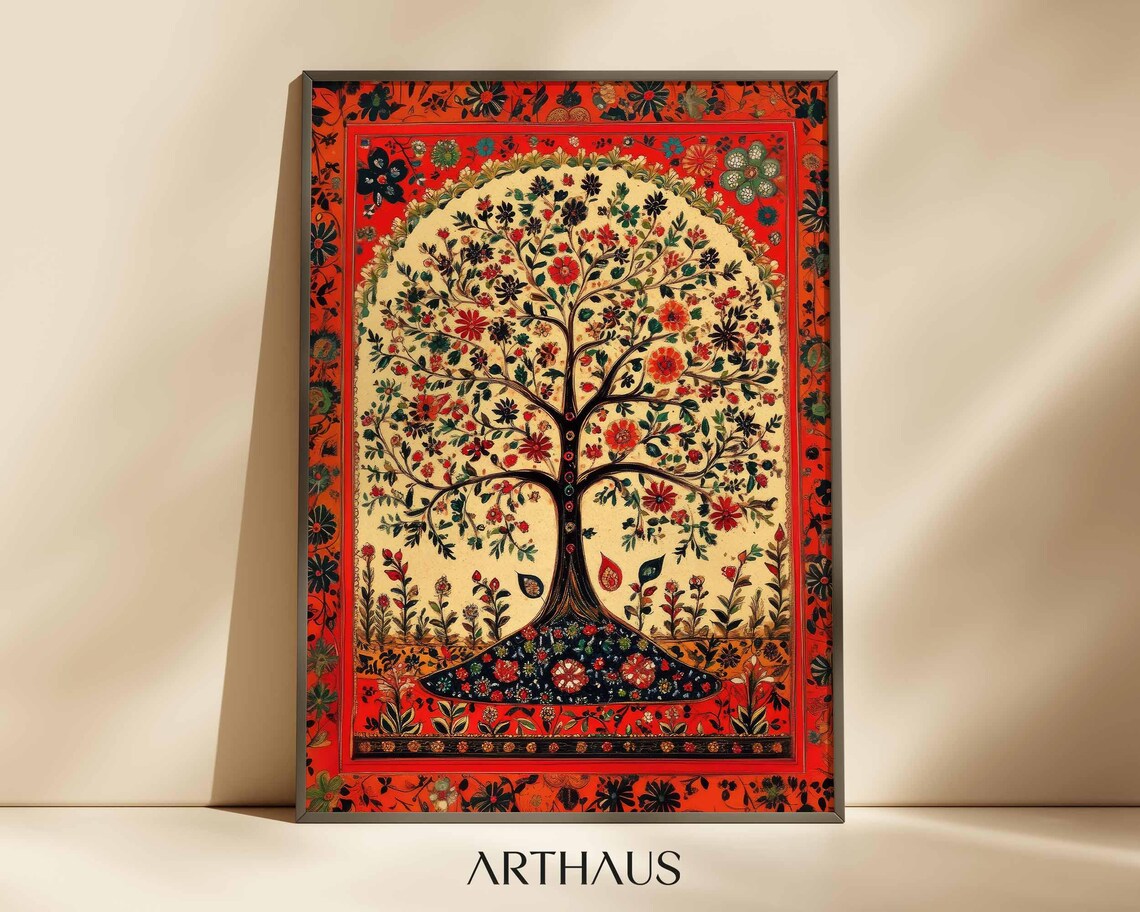 Traditional Indian Folk Wall Art Red Floral Landscape Painting Living Room Decor Antique Indian Art Botanical Indian Painting