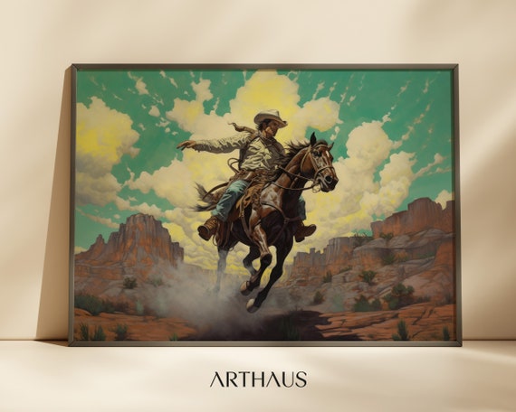 Western Cowboy Painting Vintage Wall Art Mid Century Decor Antique Oil Painting Moody Wall Art