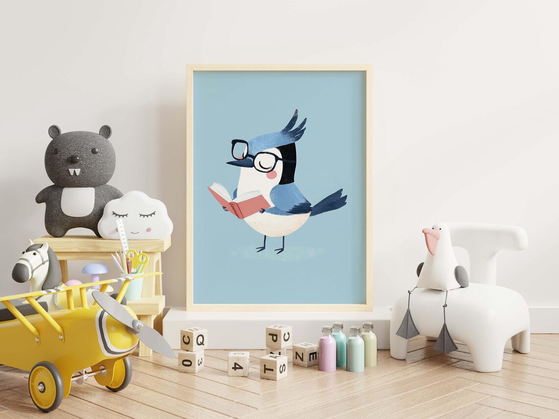 Nursery Blue Jay Wall Art of Bird Reading a Book with Glasses - Image 2