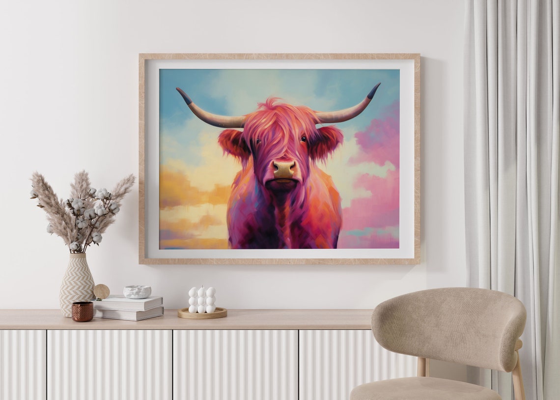 Pink Highland Cow Portrait Colorful Western Art Print Farm Decor - Image 2