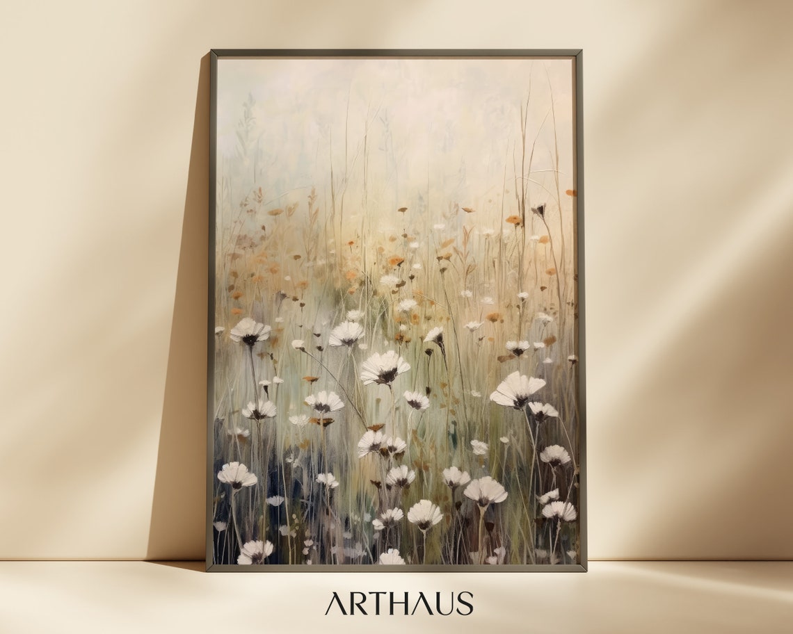 Wildflower Field Landscape Oil Painting Vintage Landscape Art Print Country Field Wall Art Botanical Painting