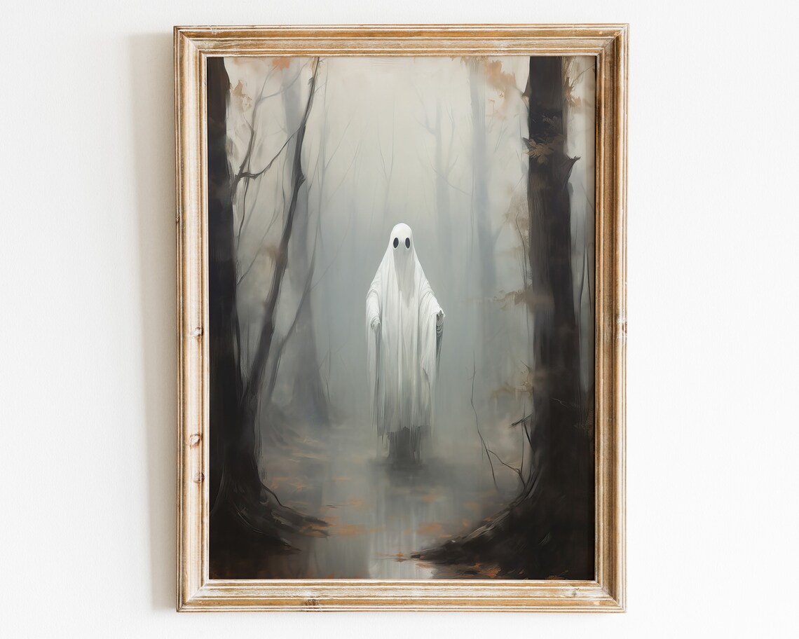 A Lone Sheet Ghost Standing In A Foggy Autumn Forest Scene Poster - Image 3