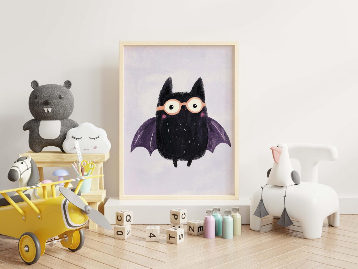 Cute Black Bat Wearing Glasses Purple Nursery Halloween Wall Art - Image 3