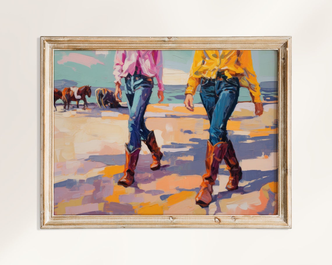 Cowgirl Boots And Jeans Walking Past Horses On Sunny Beach Poster - Image 3