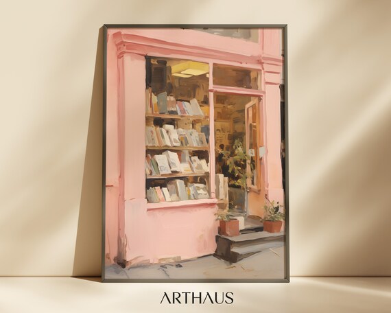 Pink Bookshop Storefront Book Lover Vintage Painting Art Print