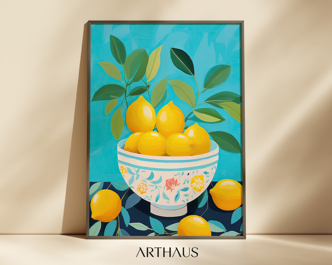 Lemons Botanical Painting Art Print, Kitchen Wall Art