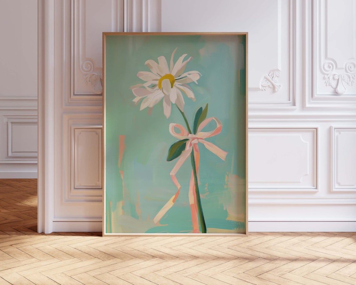 Sweet Vintage Daisy With Pink Bow Coquette Nursery Floral Art Poster - Image 3