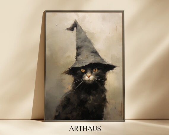 Halloween Wall Art Cute Black Cat Halloween Witchy Painting Vintage Neutral Halloween Wall Art Wiccan