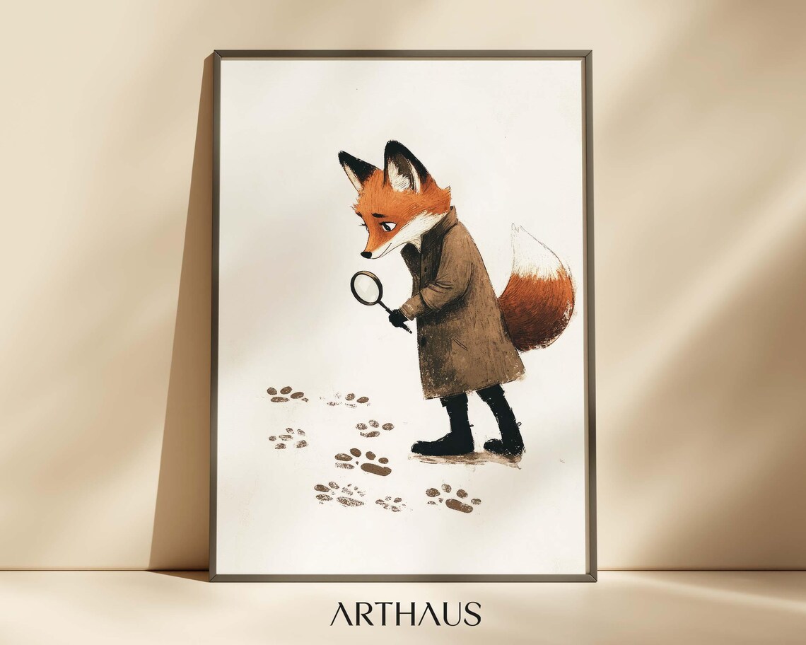 Detective Fox With Magnifying Glass Following Paw Prints Wall Art