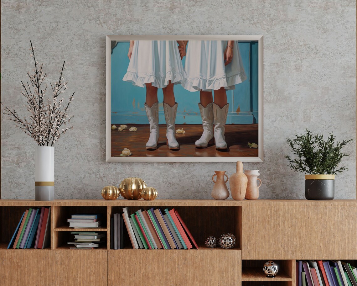 White Cowboy Boots And White Ruffle Dresses Western Art Print - Image 3