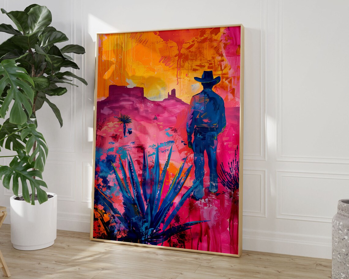 Cowboy Silhouette Pink Desert Sunset Vibrant Western Art Poster - Image 3