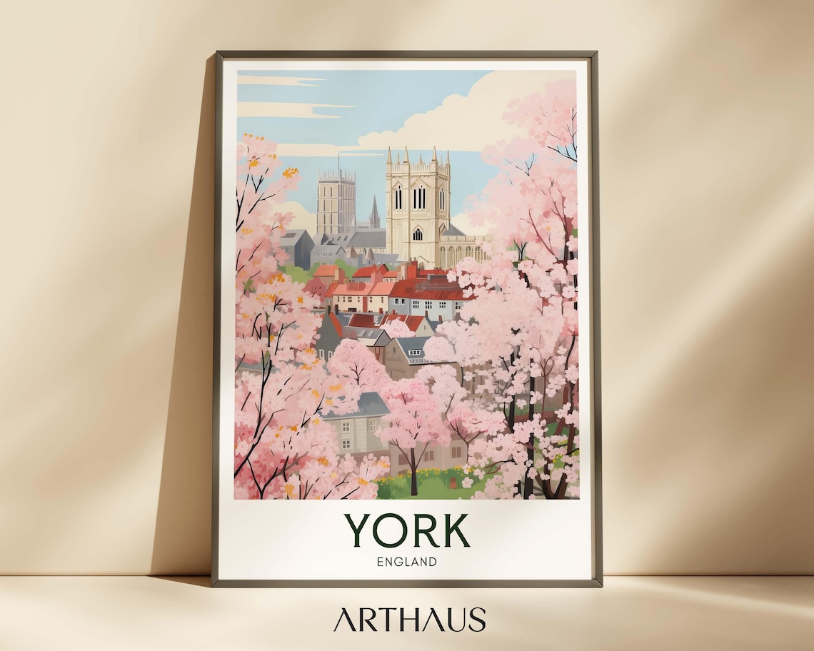 York England Pink Spring Blossom Cathedral Towers Travel Poster