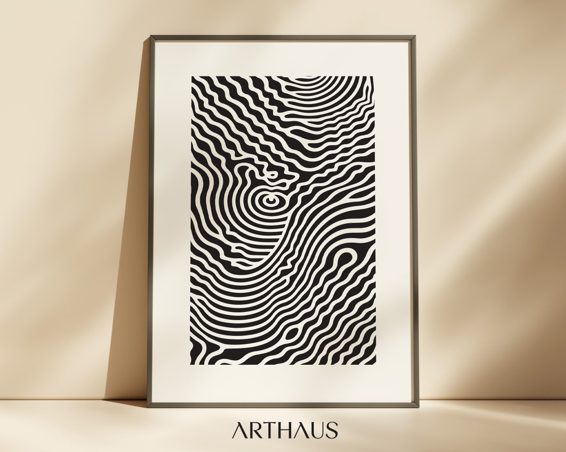 Black And White Topographic Contour Line Art Print For Walls