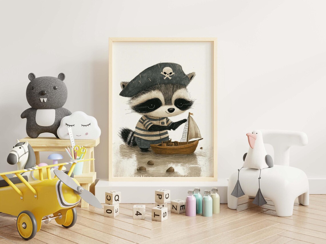 Nursery Raccoon Wall Art Kids Room Decor Cute Raccoon Boho Toddler Kids Room Decor Woodland Animal Print Playful Childrens Decor - Image 3