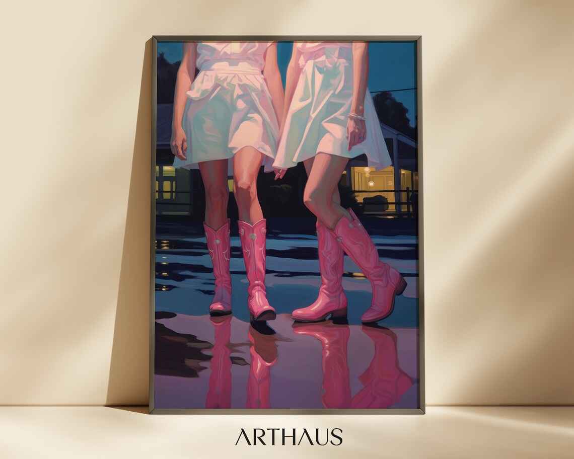 Pink Cowboy Boots Night Street Wet Pavement Reflection Art Print